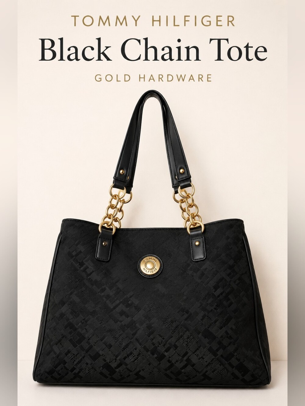 Tommy Hilfiger Black Monogram Chain Tote Bag Gold Hardware